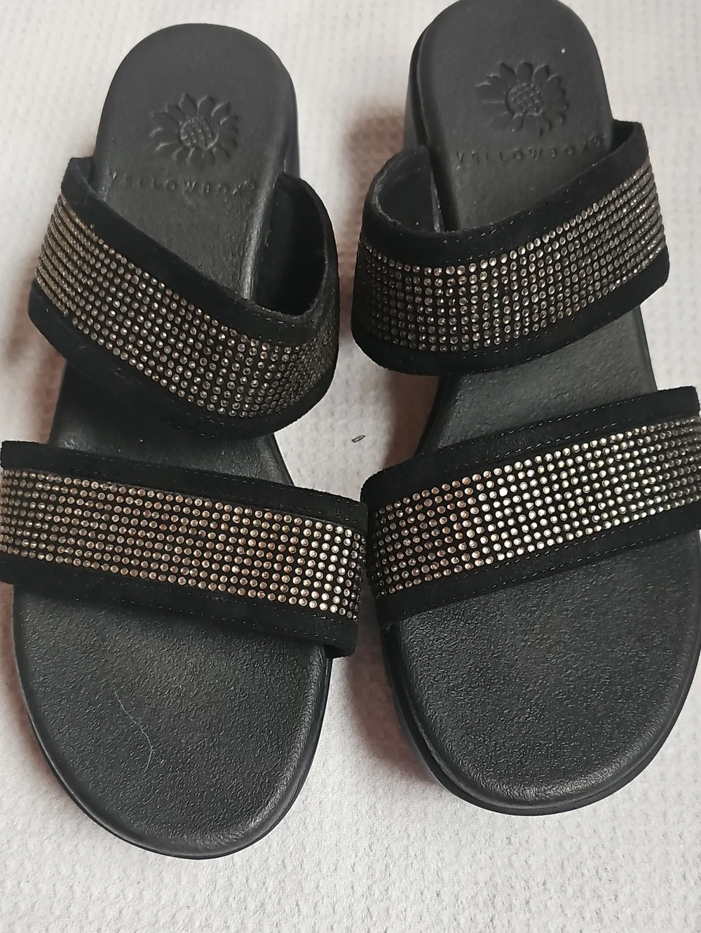 Yellow Box Black Slide Sandals with Metallic Stud Straps - Picture 1 of 5
